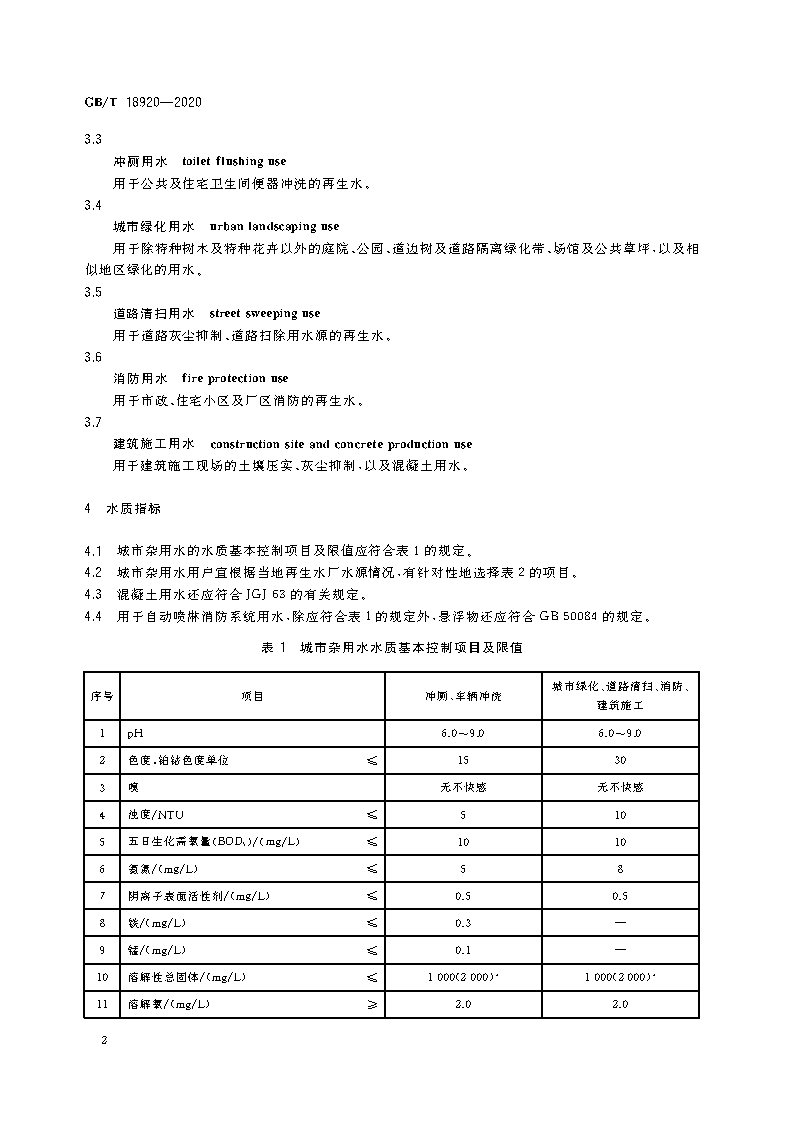 GB/T18920-2020：城市污水再生利用城市杂用水水质